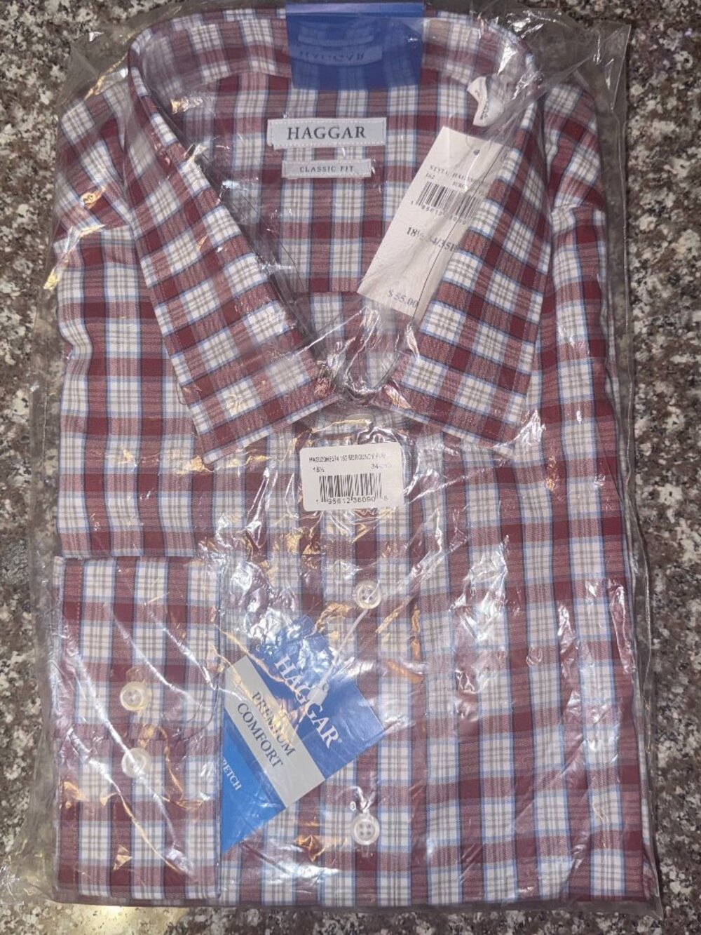 Haggar Men's Casual Fit Button-Down Dress Shirt Burgundy Plaid 18 1/2 34/35B NWT